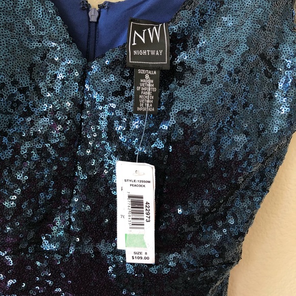 NWT! Nightway Sequins Peacock Cocktail Dress 8 Blue - Picture 4 of 6